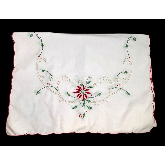 Vintage Hand-Embroidered Poinsettia Table Runner 48" X 16" White Cotton Red & Gr - Picture 1 of 11